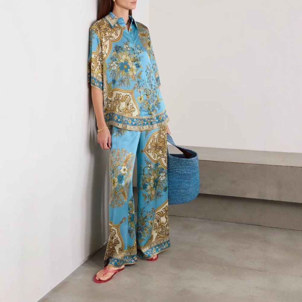 Zimmermann Blue Printed Wide-Leg Two-piece set - Women's Elegant Resort Style